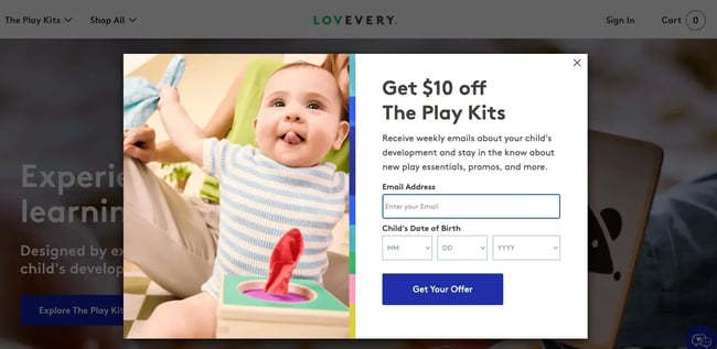 lovevery website pop-up offering $10 off the play kits. includes fields for email and child’s date of birth to receive product updates, promos, and parenting tips.